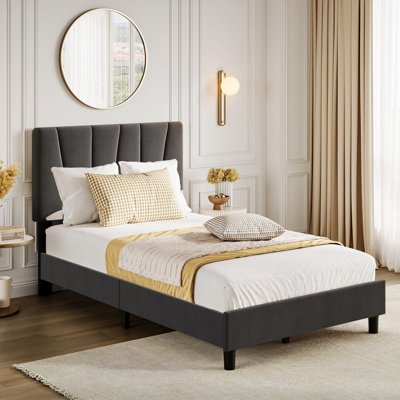 Upholstered Bed Frame with Adjustable Headboard, Linen or Velvet Fabric, Wooden Slats, Noise-Free, Easy Assembly, Dark Gray