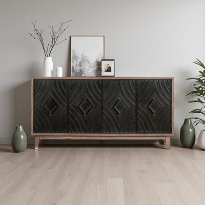 Mid Century Sideboard Buffet Cabinet With Solid Wood Legs 60" Kitchen Storage Cabinet Credenza With 4 Convex Pattern Diamond Doors And 2 Shelves Accent Console Table For Living Room Entrance Hall