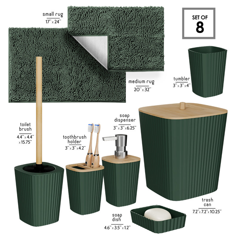 Ensemble complet d'accessoires de salle de bain 8 pièces avec accents en bambou, poubelle, brosse de toilette et 2 tapis de bain inclus