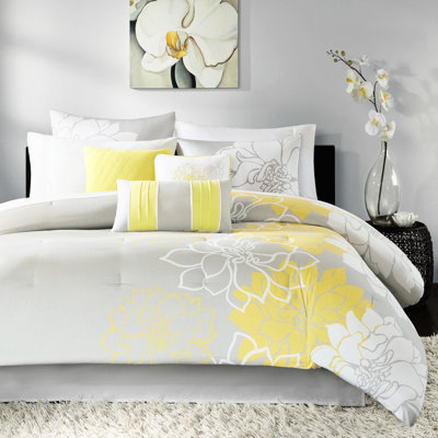 Taupe Grey/Yellow Cotton Bed King, And With 18"W X 18"L Pillow King Comforter In Grey/Yellow, 200Tc Skirt
