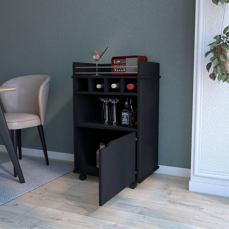 Black Bar Cart With Multiple Compartments And Built-In Holders 1-Door For Home Ample Shelf Space, Black