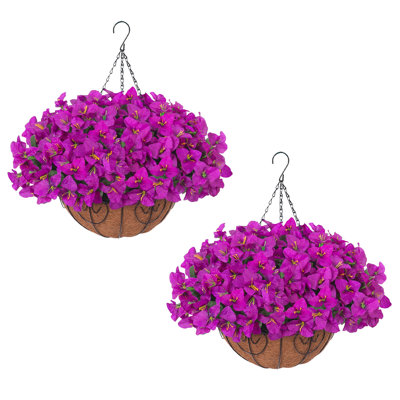 Ensemble de 2 paniers suspendus muraux semi-ronds en fibre de coco artificielle Bougainvillea pour l'intérieur et l'extérieur