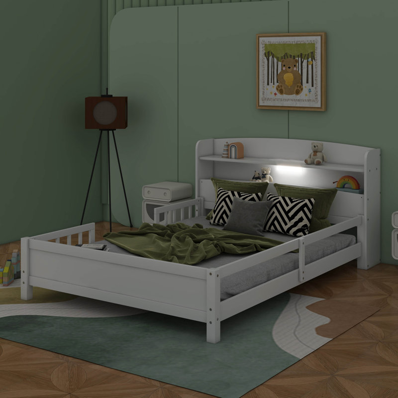 Lit plateforme en bois avec tête de lit avec rangement, lumière DEL intégrée et garde-corps, Lit simple, Blanc