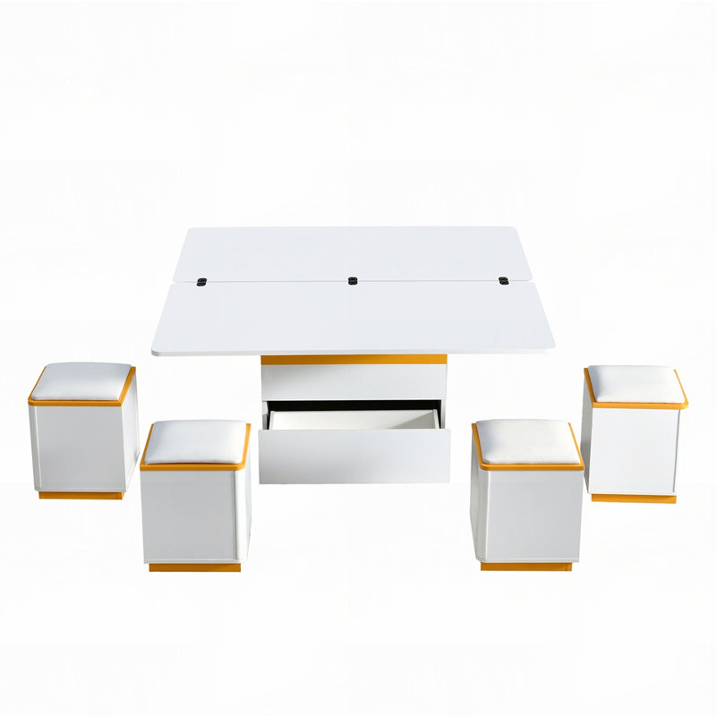 Table basse à plateau relevable avec 4 tabourets de rangement, Blanc