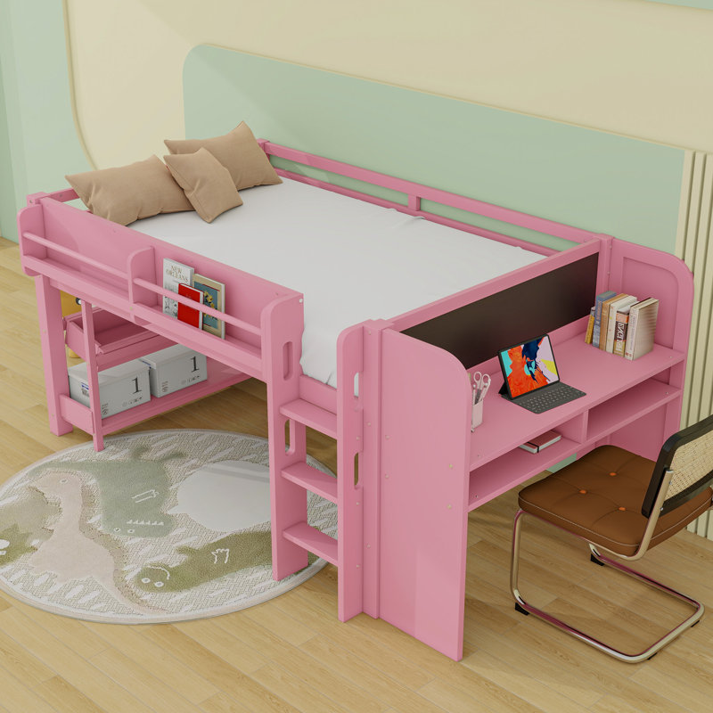 Lit mezzanine en bois avec bureau, tableau noir, boîtes et tablettes, Complète, Rose