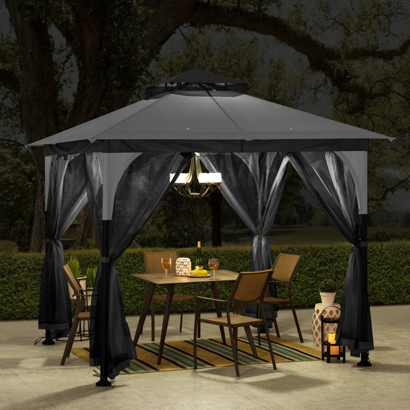 Sunjoy 9 ft. x 9 ft. Gazebo with 2-Tier Canopy Roof, Steel Frame Soft top Gazebo with Ceiling Hook and Mosquito Netting, Gray