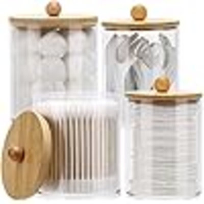 4 Pack Cotton Swab Holder Dispenser Cotton Ball, Cotton Swab, Floss - 12Oz, 10 Oz Clear Plastic Apothecary Jars For Bathroom Organizer And Storage Containers (Bamboo Lids)