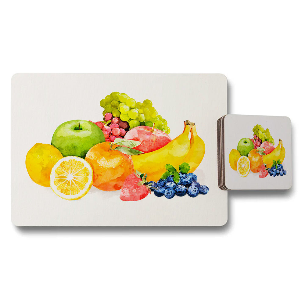 Fruit Placemat and Coaster Set With Vibrant Fresh Fruit Illustration