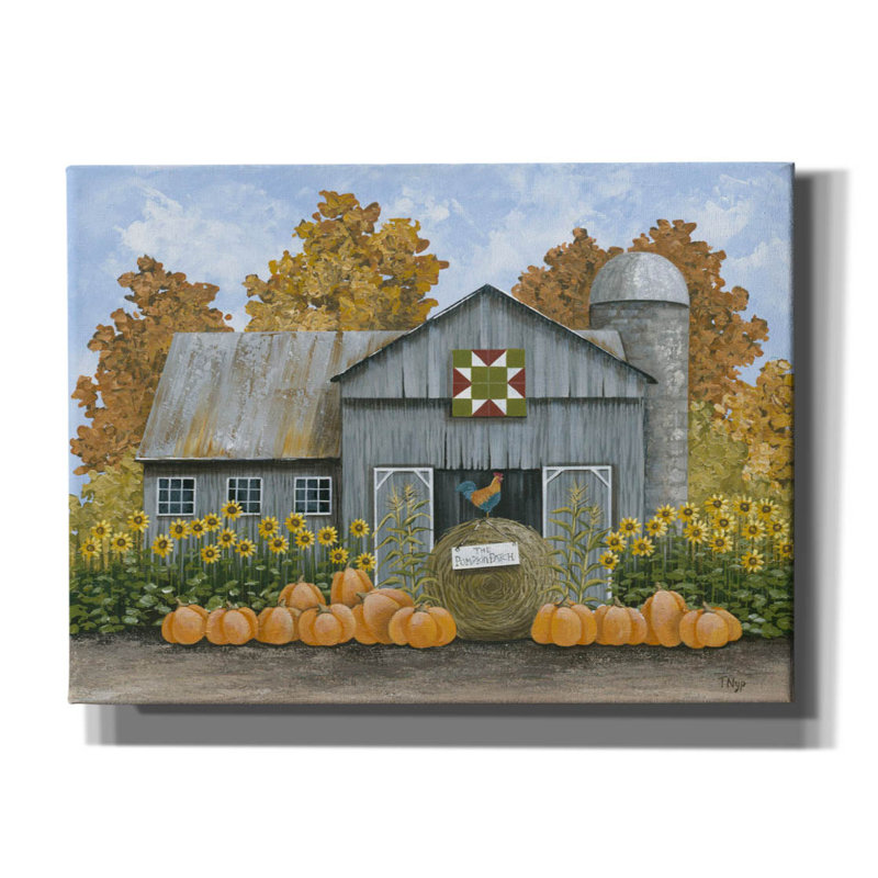  «Barn with Barn Quilt And Pumpkins» par Tanya Nyp, art mural sur toile, 54 po x 40 po, H 40 po x l 54 po