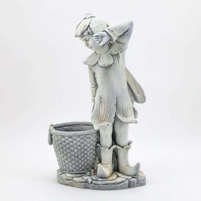 Statue de jardin féerique en magnésium avec panier, Blanc antique
