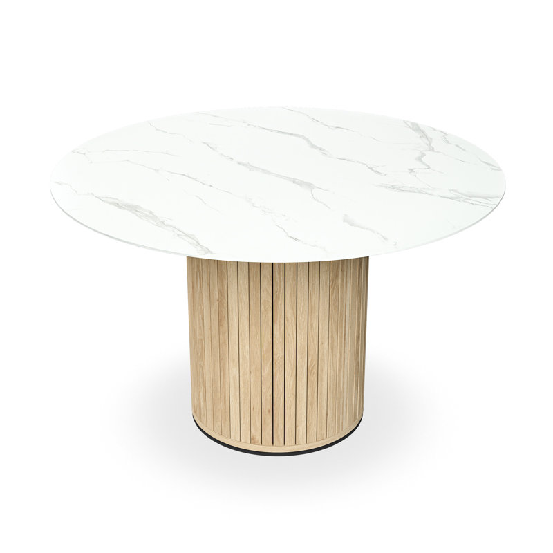 Arlo 120cm Round White Marble Dining Table, White Marble/Oak