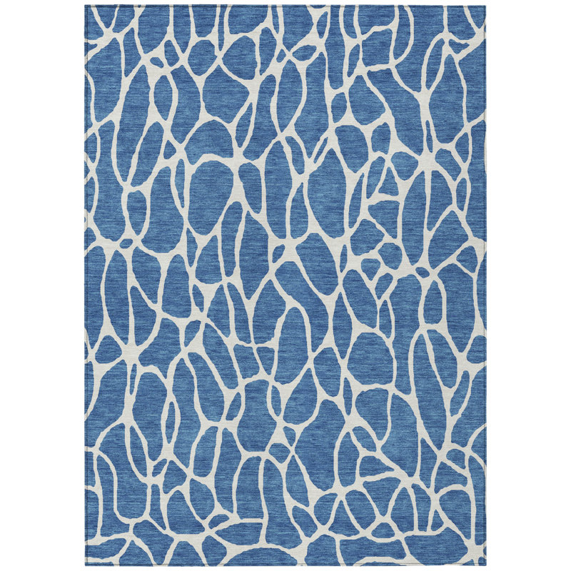 Tapis intérieur / extérieur géométrique lavable bleu et ivoire 3 pi x 5 pi