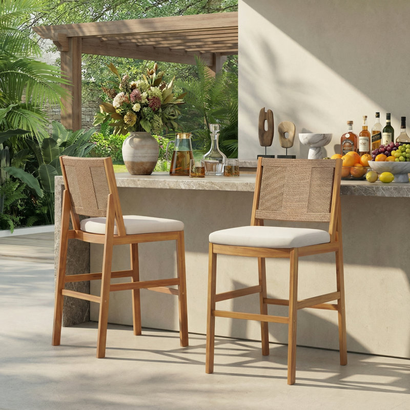Tabouret de bar d'extérieur en bois d'acacia massif et osier tissé de 28 po Altoga, Brun clair / teck