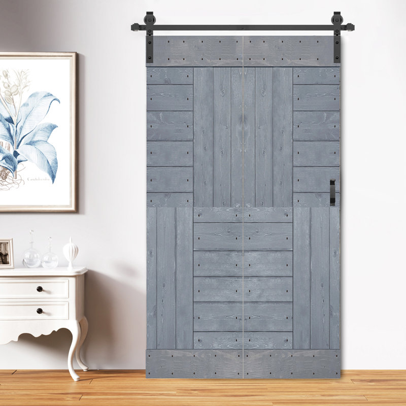 Porte à deux branches en bois massif en forme de S avec rail de quincaillerie - Assemblage requis, Gris foncé, 42 po x 84 po