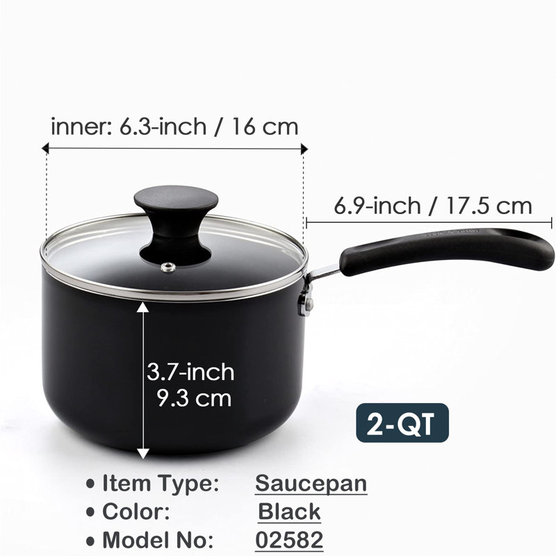 Casserole antiadhésive de 2 pintes avec couvercle en verre Cook N Home Basic, petite casserole antiadhésive en aluminium, casserole de chocolat au lait multiusage avec poignée Stay-Cool, noir