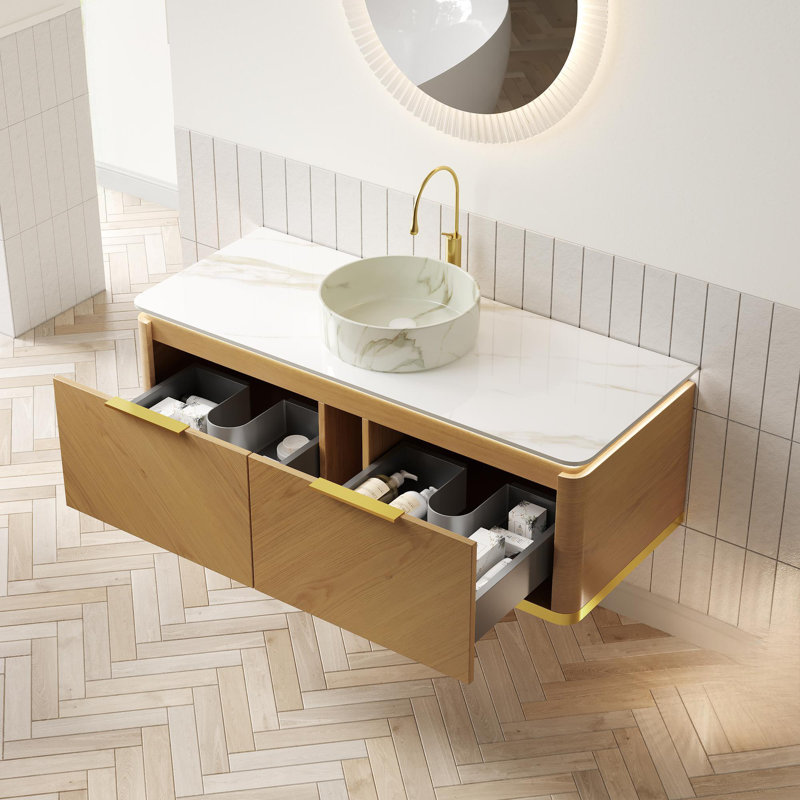Meuble-lavabo mural 48 po avec tiroirs et vasque ronde blanche, 48"