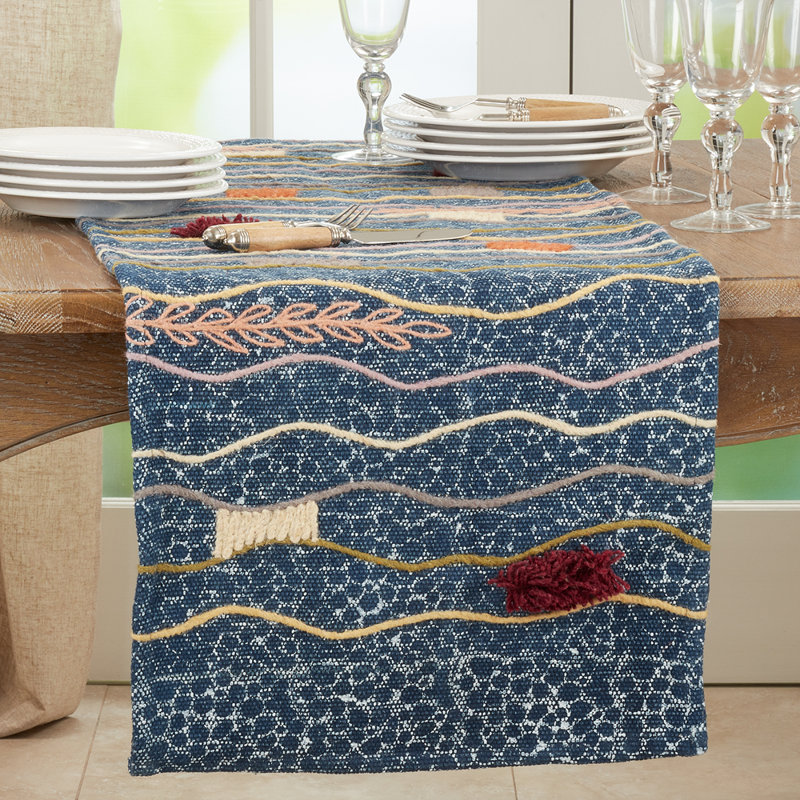Multicolored Abstract Block Print Embroidered Cotton Table Runner 16" W X 72" L