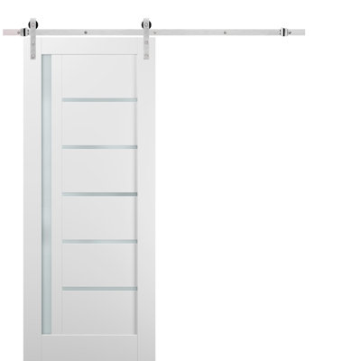 Sturdy Barn Door Quadro 4088 White Silk with Frosted Glass 6.6FT Rail Hangers Heavy Hardware Set Solid Panel Interior Doors-32" x 84"-Frosted Glass-Silver Rail