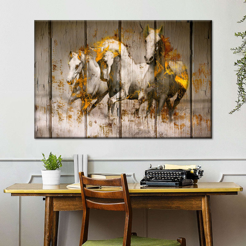 Chevaux blancs dorés sur toile, H 8 po x l 12 po x P 1 po