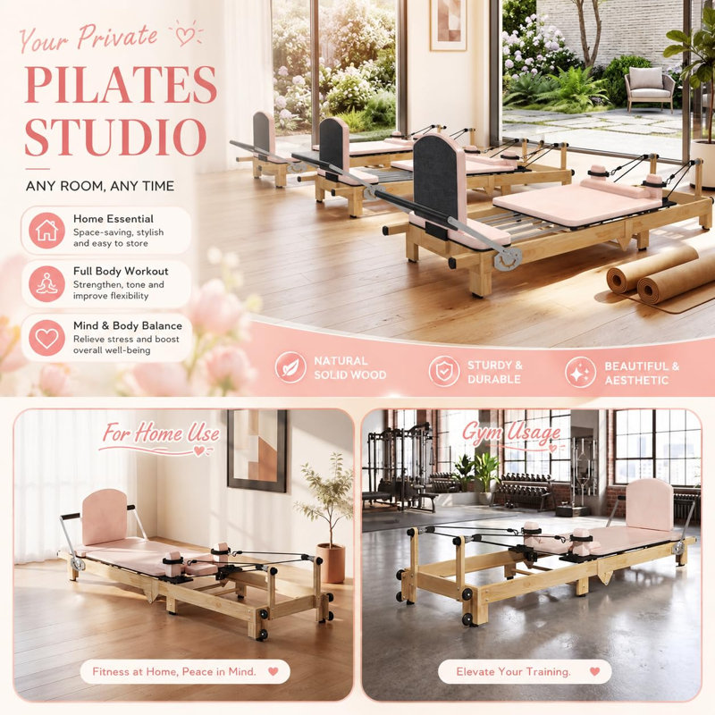 92" Foldable Pilates Reformer Machine, Pink