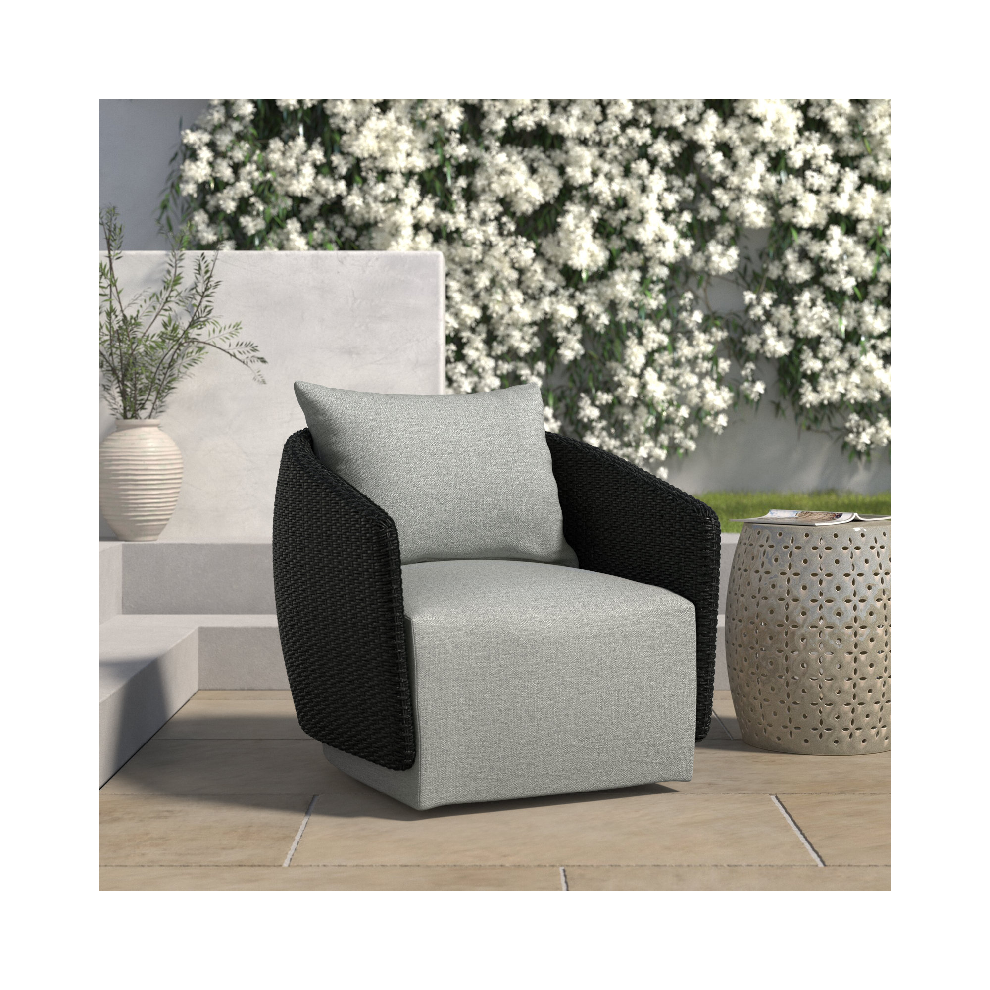 Odyn Swivel Wicker Outdoor Lounge Chair, Black, Stone Gray