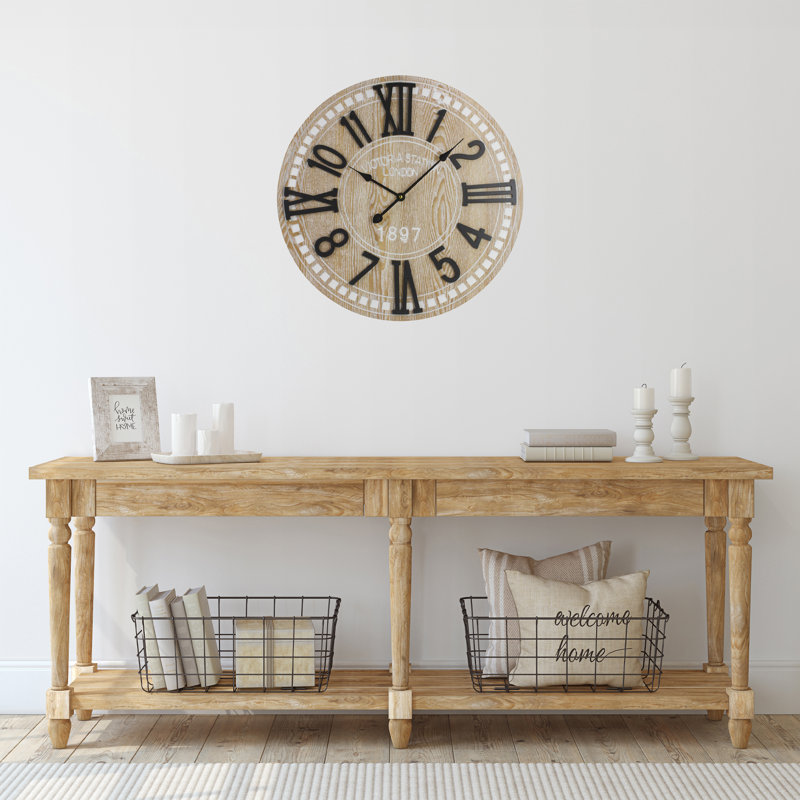 24" Black and Whitewash Wood Round Wall Clock with Roman Numerals