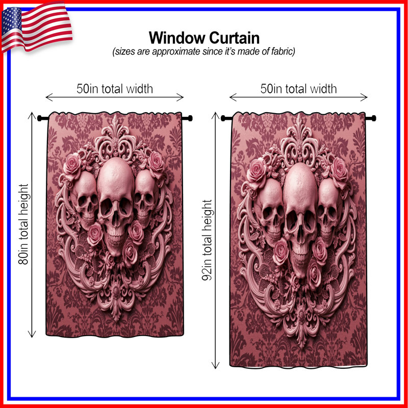 Rideaux de fenêtre Skulls With Pink Roses, 50" x 92" - 1 Panel, Sheer