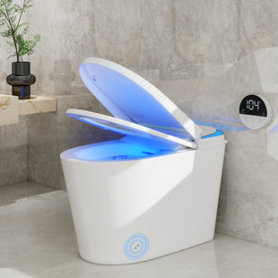 White Smart Toilet - Automatic Flush, Radar & Foot Sensor Lid, Heated Seat, Bubble Shield, Blue Ambient Light, LED Display & Wireless Remote WYT-OPT12