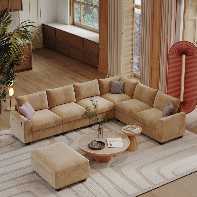 120 '' L-Shaped Modular Sectional Sofa, 6-Seater Cushioned Cloud Couch, With Ottoman Storage And USB, Camel Linen