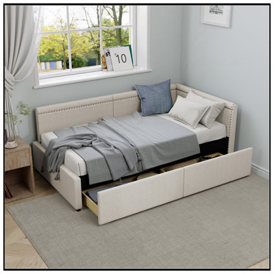 Lit de coin en L de style moderne avec lit simple en lin et deux tiroirs de rangement