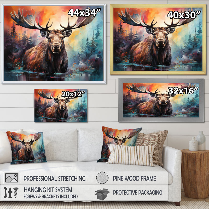 «Colorful Moose Majestic Collage I - Moose», reproduction d'art sur toile encadrée, H 24 po x l 32 po x P 1 po