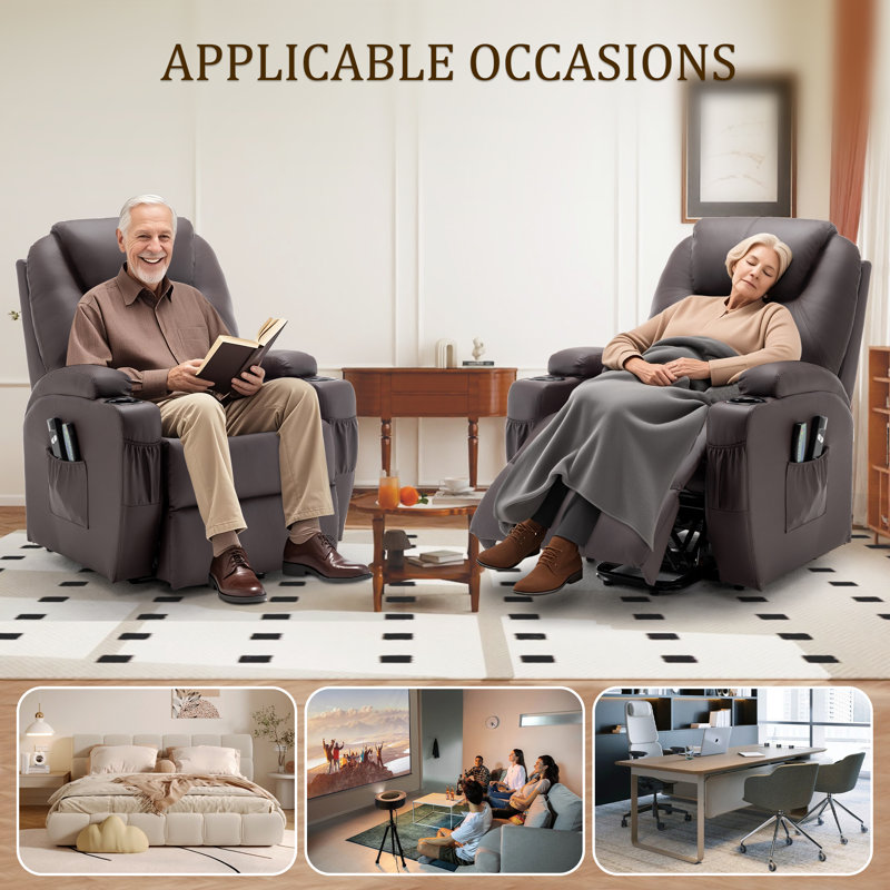 Fauteuil inclinable électrique Power Lift avec massage et chaleur pour personnes âgées avec poches latérales et 2 porte-gobelets