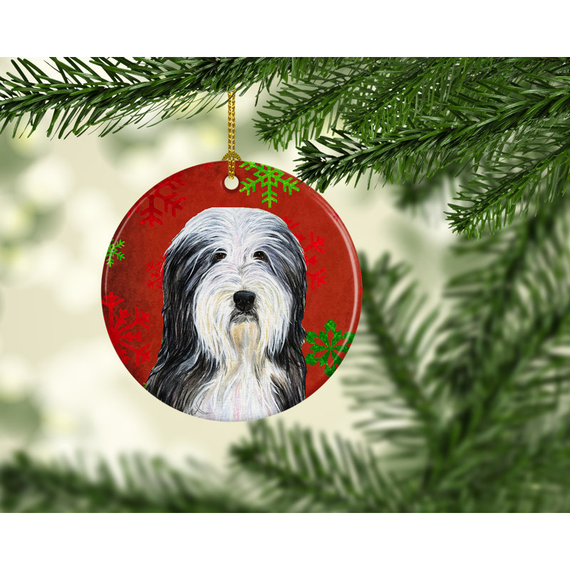 Ornement figurine suspendu en céramique barbu collie flocons de noël