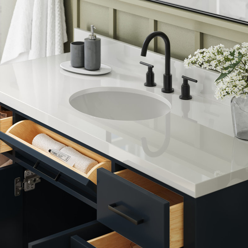 Meuble-lavabo simple en bois massif 54 po avec lavabo à quartz blanc 1,5 po Thornaby, Ovale, Bleu minuit / noir mat