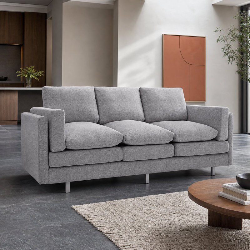 Canapé moderne en chenille 3 places avec accoudoirs et coussins double couche pour le salon, design minimaliste, Gris clair