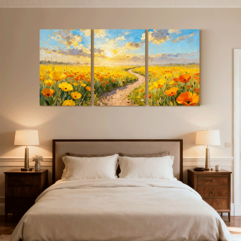 Assortiment de bouquets de fleurs ensoleillées avec coquelicots jaunes et chemin, ensemble de 3 impressions sur toile