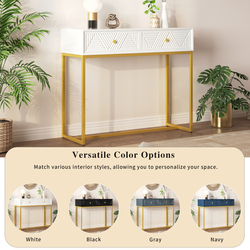 Modern console table with two storage drawers & stripe design, sleek entryway sofa table for living room & hallway, white