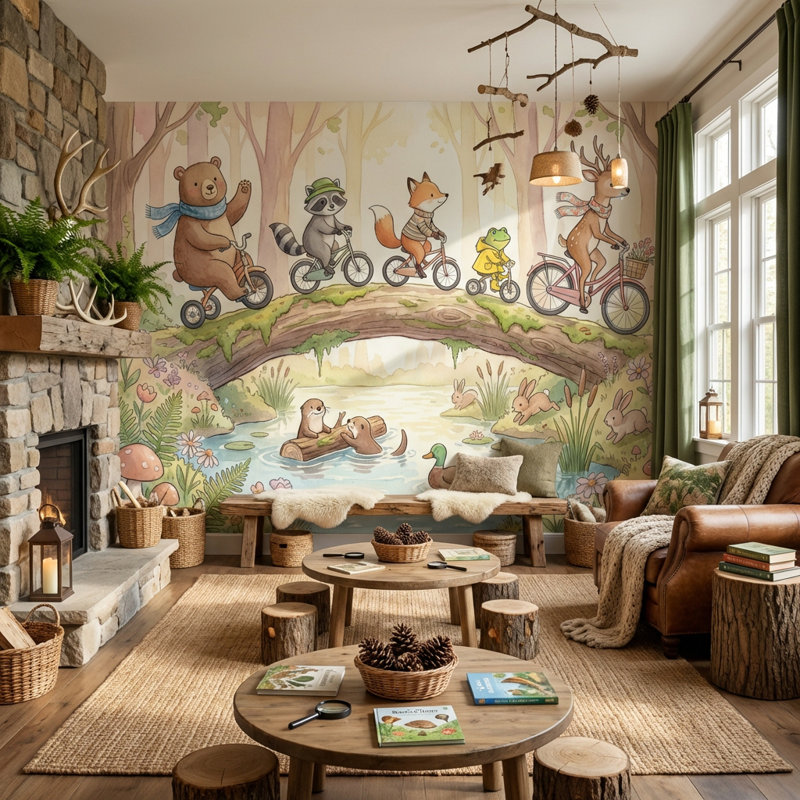 Murale fantaisiste avec papier peint forêt fantaisiste, 140"x108", Peler et coller