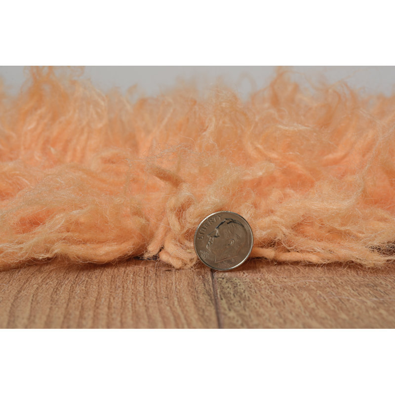 Alamin Flokati Wool Shag Hand Loomed Orange Sherbet Rug, Round 8'