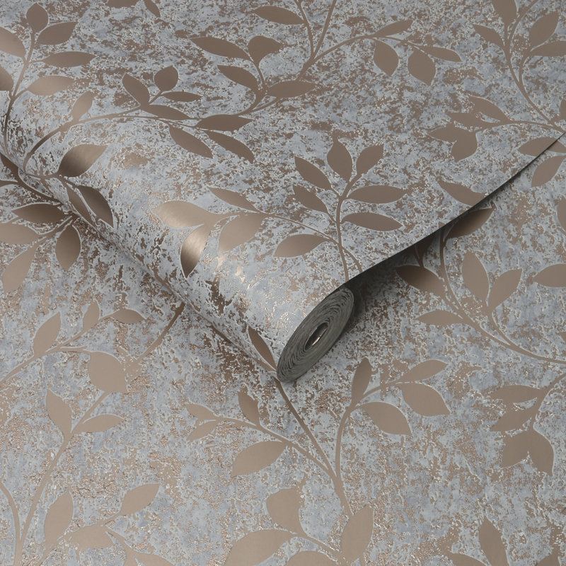 Milan Floral Vinyl Metallic Wallpaper Roll, Rose Gold
