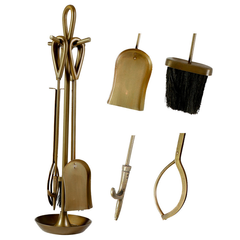 Akmaral Iron Fireplace Tool Set, Brass Antique