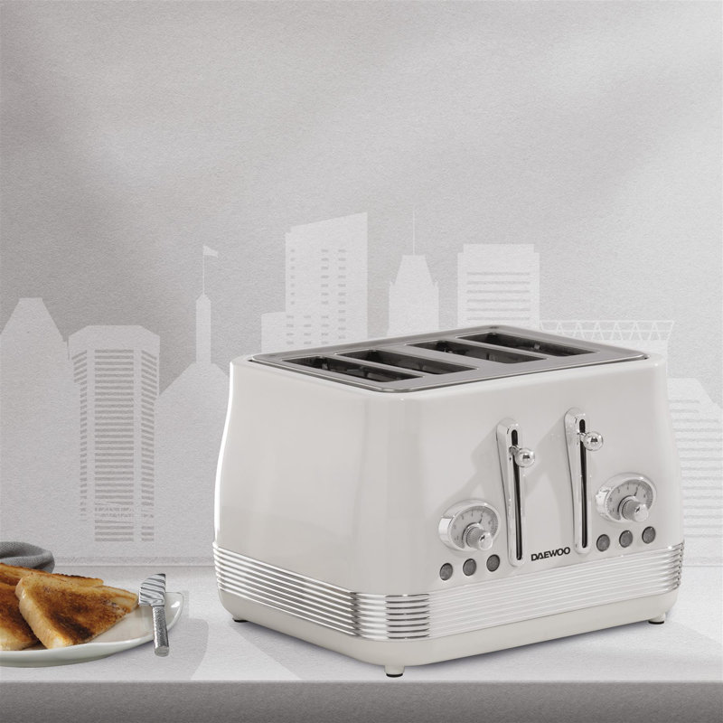 Daewoo Denver 4 Slice Wide Slot Stainless Steel Toaster Retro Vintage 6 Level, Cream