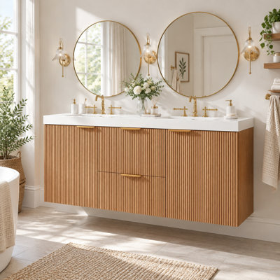 Meuble-lavabo mural double 47,24 po avec comptoir SMC, portes à fermeture en douceur, tiroirs divisés - grain de bois
