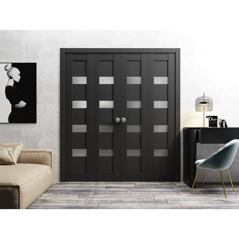 Portes coulissantes doubles pliantes pour placard 96 x 84 (4 x 24 x 84) Quadro 4113 Noir mat avec verre dépoli, rails robustes, moulures, garnitures, quincaillerie, bois massif, portes de placard de chambre