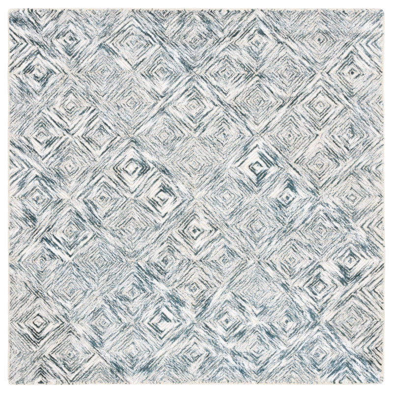 Tapis géométrique vert / ivoire en laine / coton touffeté à la main Christapher, Carré 6 pi