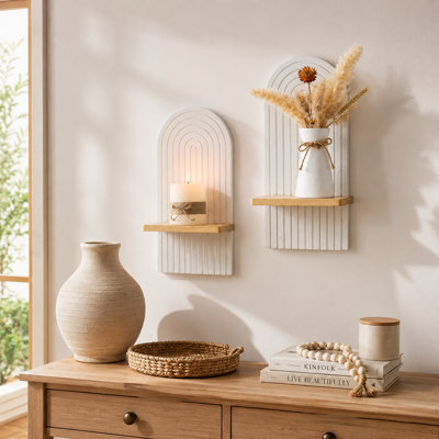 Boho Fluted Wall Accents Set of 2, Arched Wood Wall Candle Holders