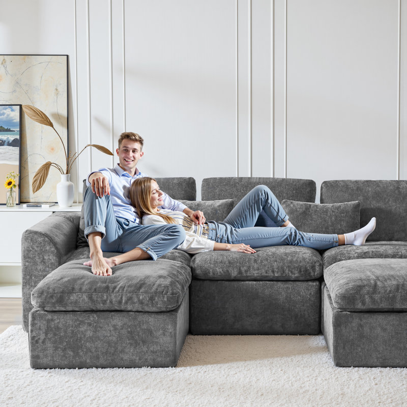 120" Comfy Cloud Couch U Shaped Sectional Sofa, Modular Sectional Sofa, 5-Seater Comfy Cloud Couch with Movable Ottomans, Chenille Sofa Sleeper Deep Seat Couches for Living Room With Two Ottomans