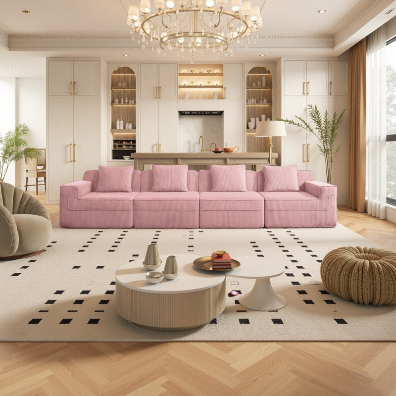 Sink into Bliss: Canapé modulaire modulaire 4 pièces Cloud - Assemblage zéro, velours côtelé et sièges profonds, Rose