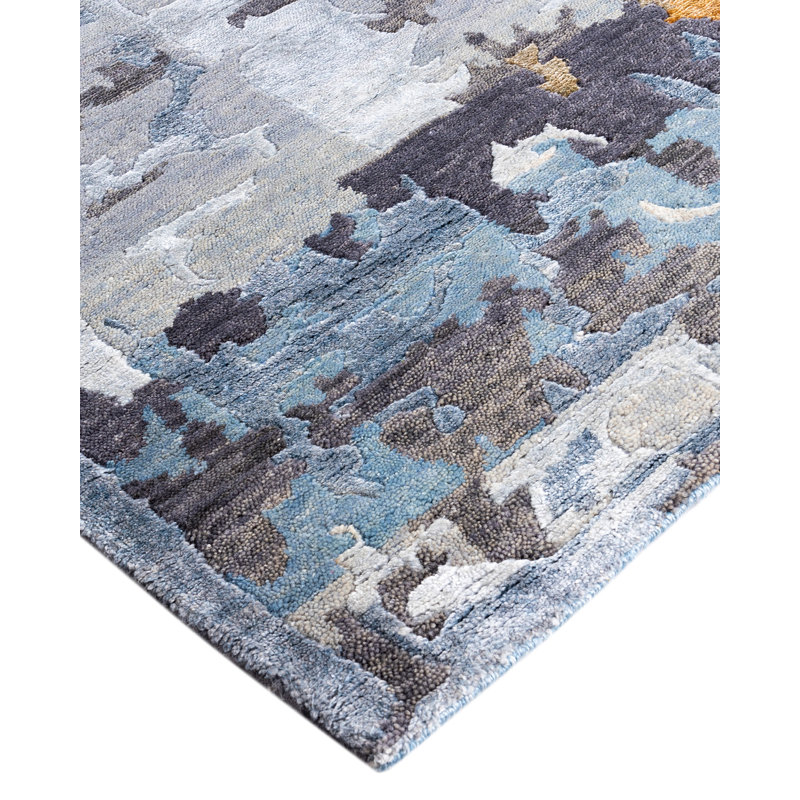 Gray Hand-Knotted Wool and Silk Rectangular Area Rug