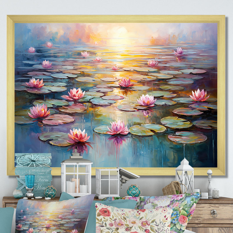 «Monets Water Lily Pond Reflections 1 - Lake», art mural, H 34 po x l 44 po x P 1,5 po, Cadre doré à coins fermés